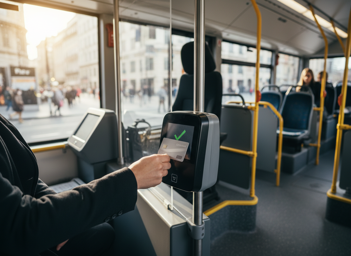 A photorealistic photo of a modern city bus interior at the front door, a rider tapping a contactless bank card against a bus farebox card reader mounted near the driver, daylight coming through the bus windows, shallow depth of field focused on the hand and reader, realistic urban transit setting, no text or logos visible