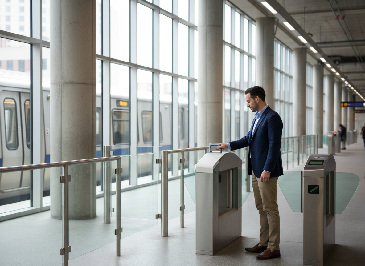 A commuter tapping a contactless bank card on a fare reader at a light rail station fare gate