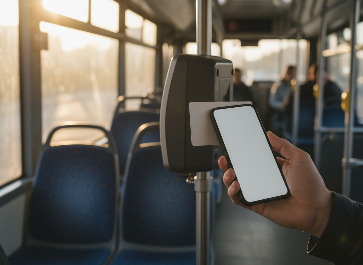 A commuter holds a smartphone near a plastic transit fare card on a bus, in the moment of an NFC scan.