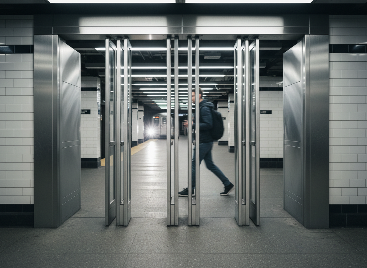 Commuter walking through a modern sliding-door subway fare gate at a New York City transit station