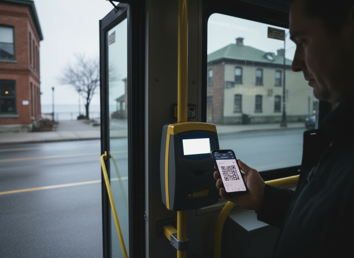 A transit rider scanning a smartphone fare app at a bus farebox reader while boarding